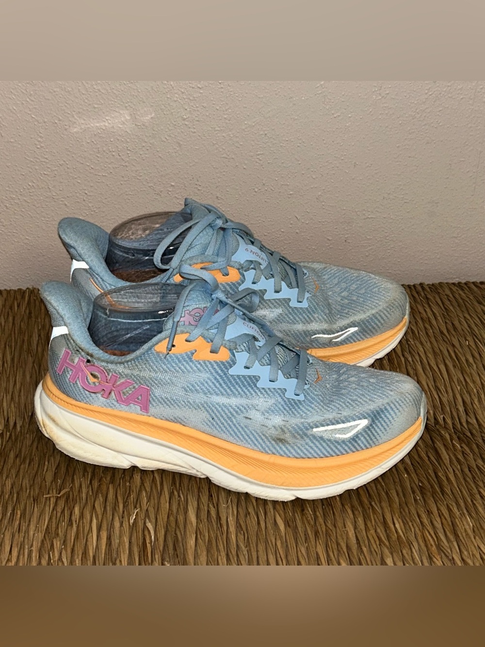 HOKA Clifton 9 Women’s 9.5 Blue Orange Running Shoes Athletic Sneakers